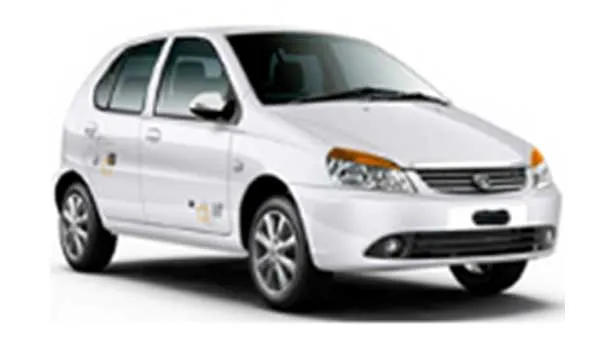 White Tata Indica taxi car parked on a white background